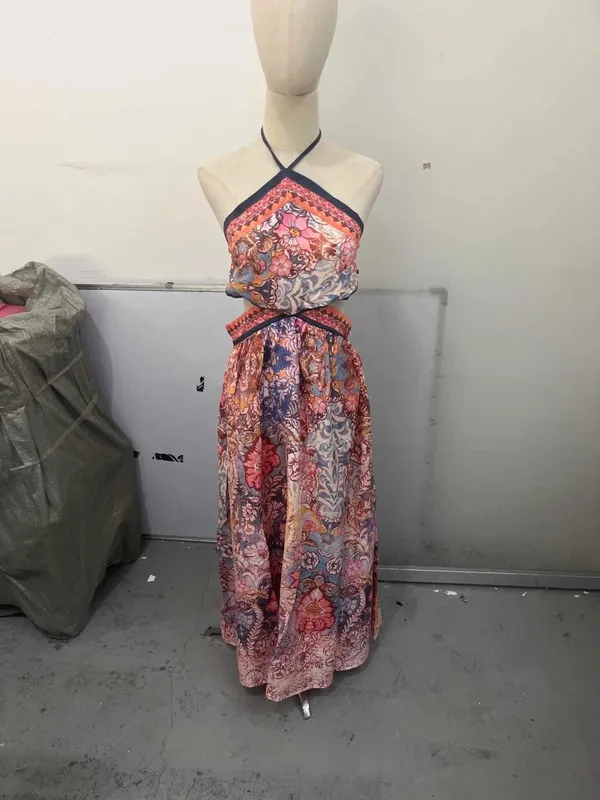 Floral impressão halter vestido feminino chique com decote em v sem mangas sem costas cintura-cinging maxi vestidos 2026 novo verão senhora férias roupões