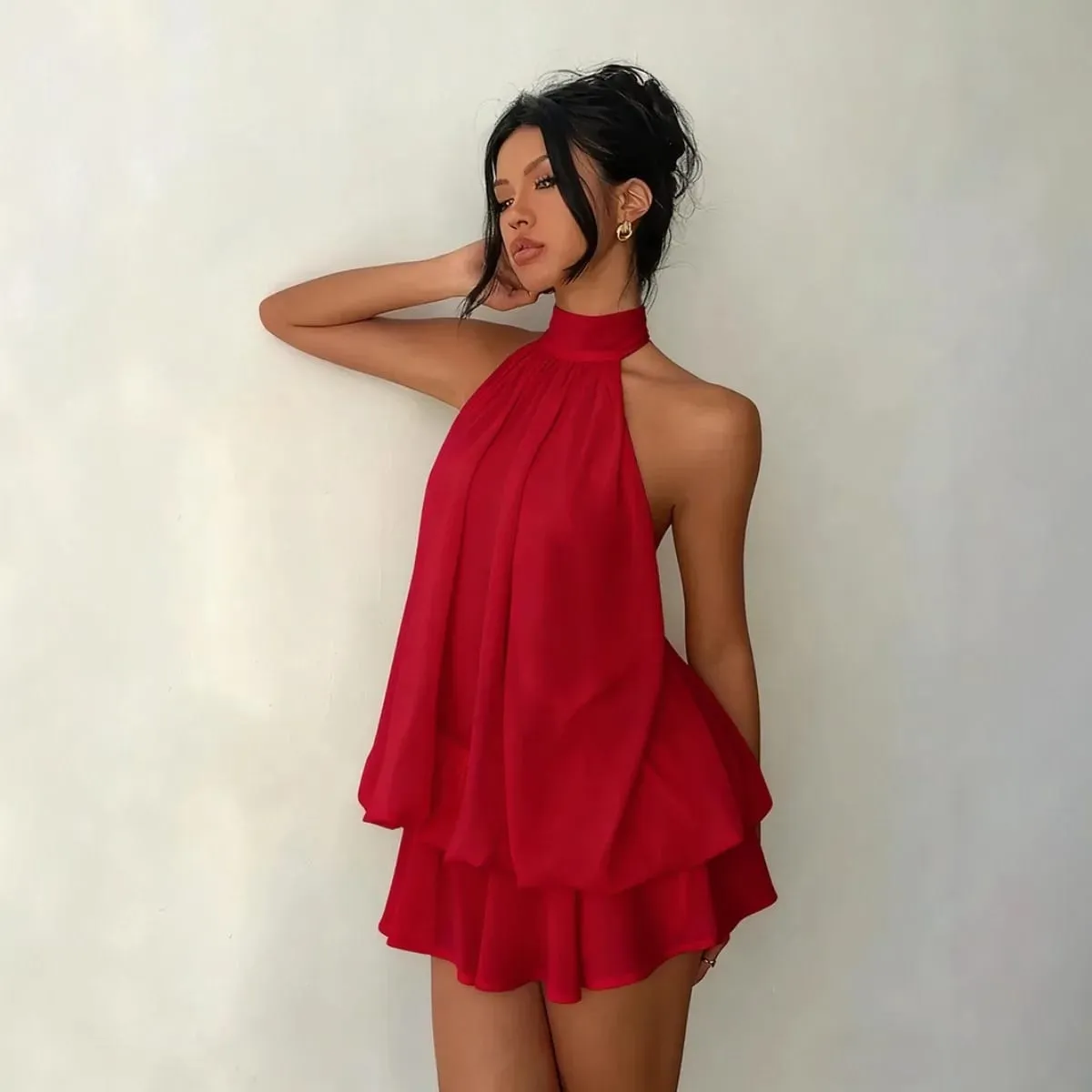 Women's Halter Neck Dress Backless Tie-Front Chiffon Sheer Mini Skirt Fashionable Sexy Y2K Vintage Cute Party Birthday Dress