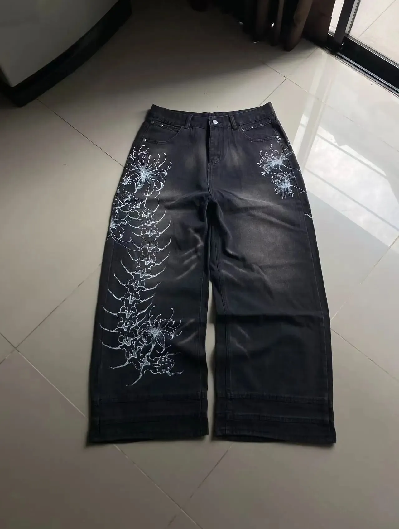 Y2K Vintage Gothic High Street Denim Black Wash Gradient Spine Spider Lily Print Wide Leg Jeans