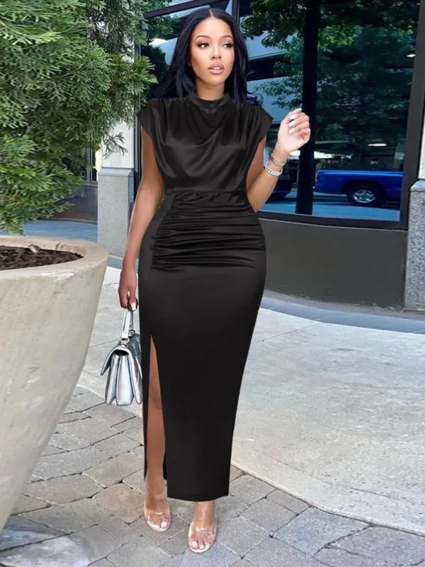 2026 Summer New Women's Color Ding Long Dress Solid Color Dress Split High Waist Temperament Bag Hip Commuter Dress
