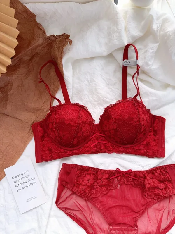 Sweet French Lace Women Bra Set Wire Free Push Up Lingerie Top Side Support Anti Sag Brassiere Panty Suit For Small Bust 32‑38