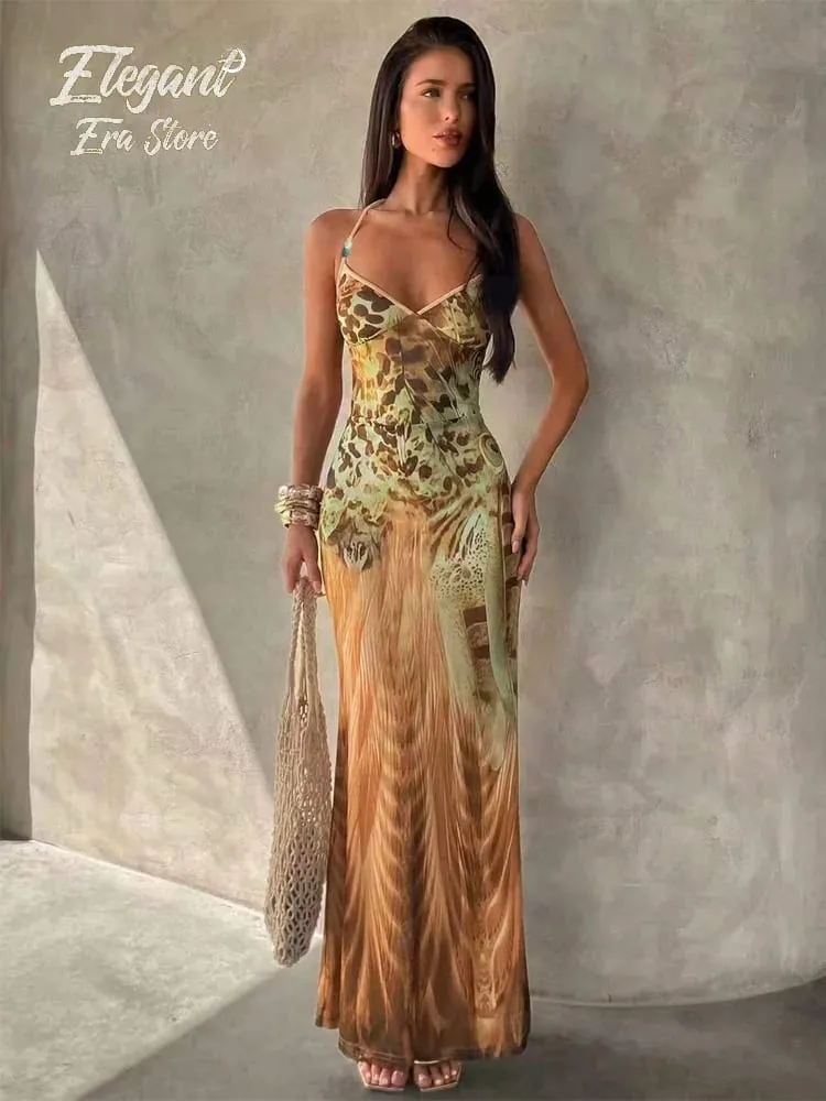 Vintage Print Sleeveless Irregular Hem Dress Women's Sexy Backless High Waist Slim Fit Vestidos Summer Lady Vacation Beach Wears — image 3