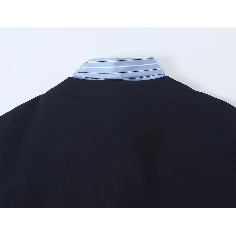 Ladies Contrast Stripe Spliced Casual Short Dress Bow Tie Neck Half Sleeve Ruffled Hem Loose Fit Commuter Dresses