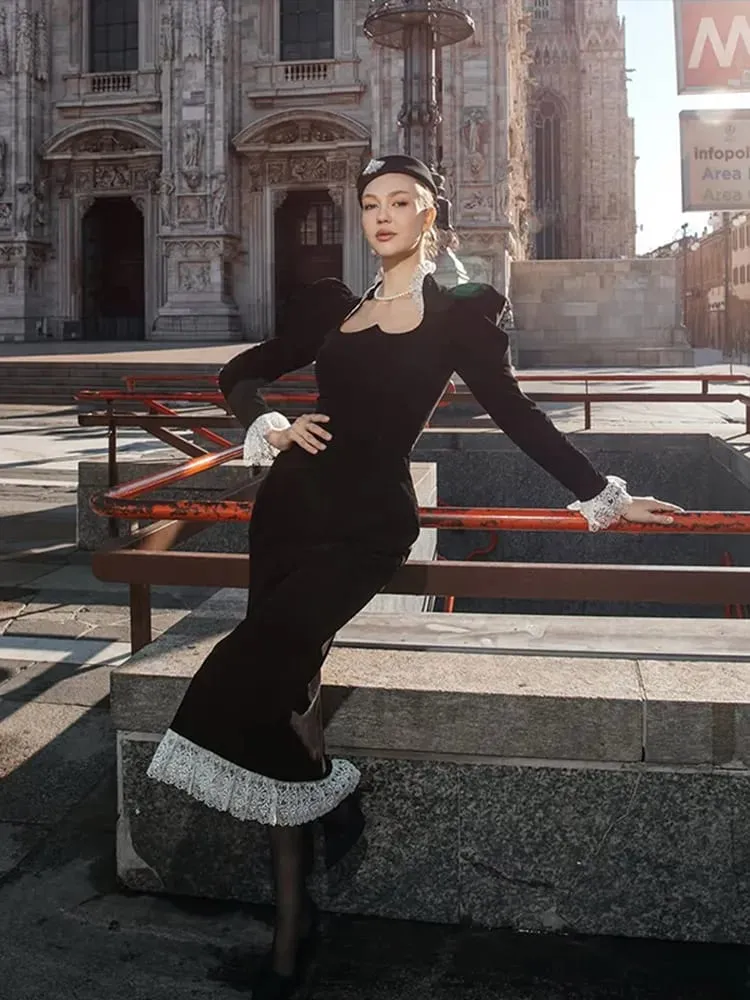 Full Sleeve Lace Patchwork Velvet Maxi Dress Women Elegant Stand Collar Puffed Slim Long Sexy Gowns Lady Evening Dinner Dresses
