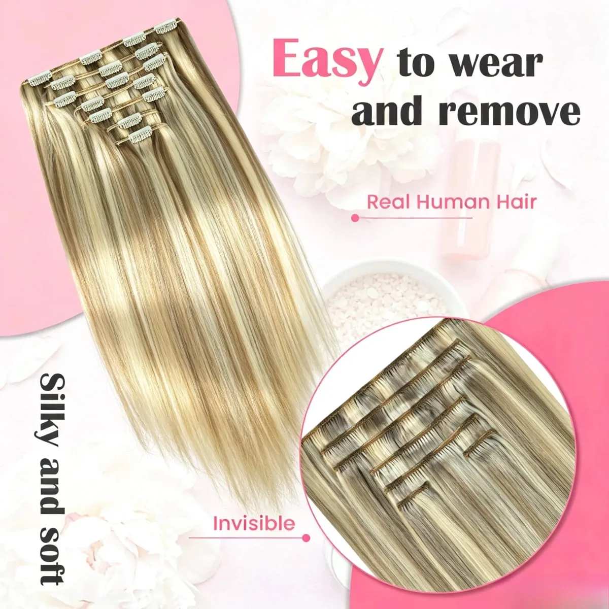 7PCS Light Blonde to Golden Ombre Clip in Remy Human Hair Extensions 16-22 Inch Natural Straight Balayage Highlighted Double Wef
