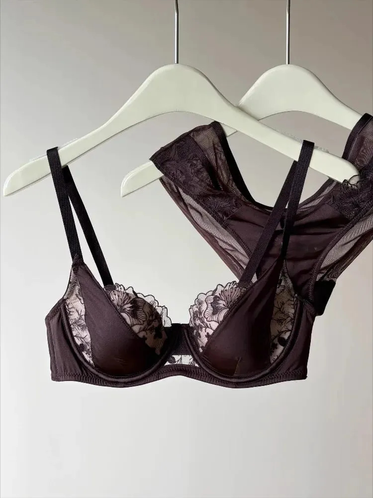 French Style Delicate Lace Lingerie Set Push Up Bra Minimise Bust Supportive Sexy for Large Breasts Full Cup 2 Piece Set