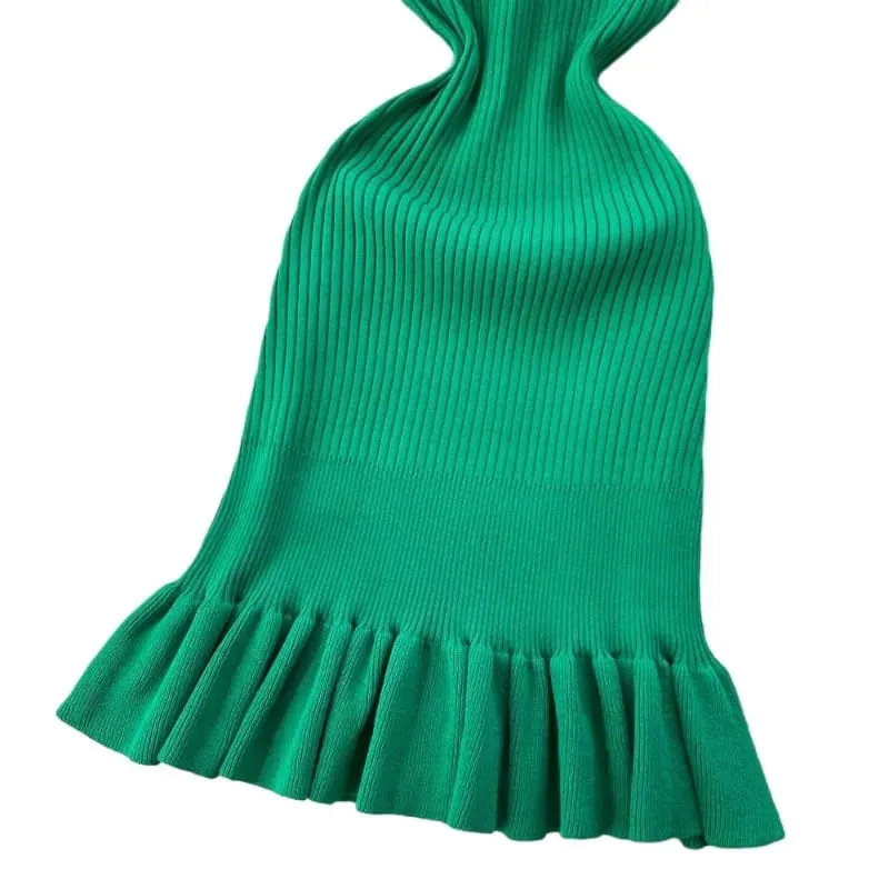 Women's Green Sleeveless Halter Neck Sundress Stretchy Ribbed Knit Ruffle Bodycon Mini Dress Casual Party Clubwear Short Dress