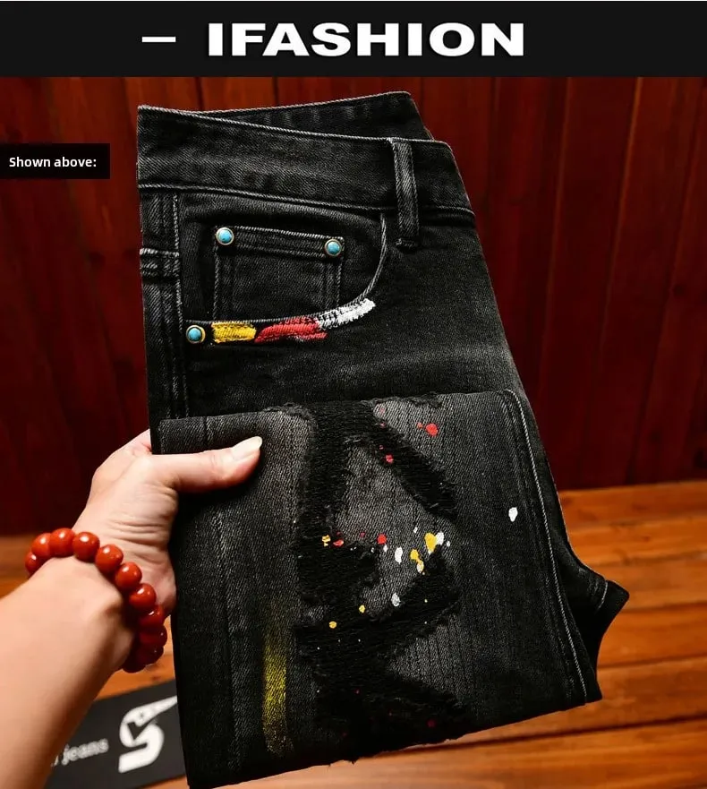 High-End Vintage Ripped Jeans for Men Slim Fit Trendy Paint Print 2025 Autumn and winter casual trendy long pants