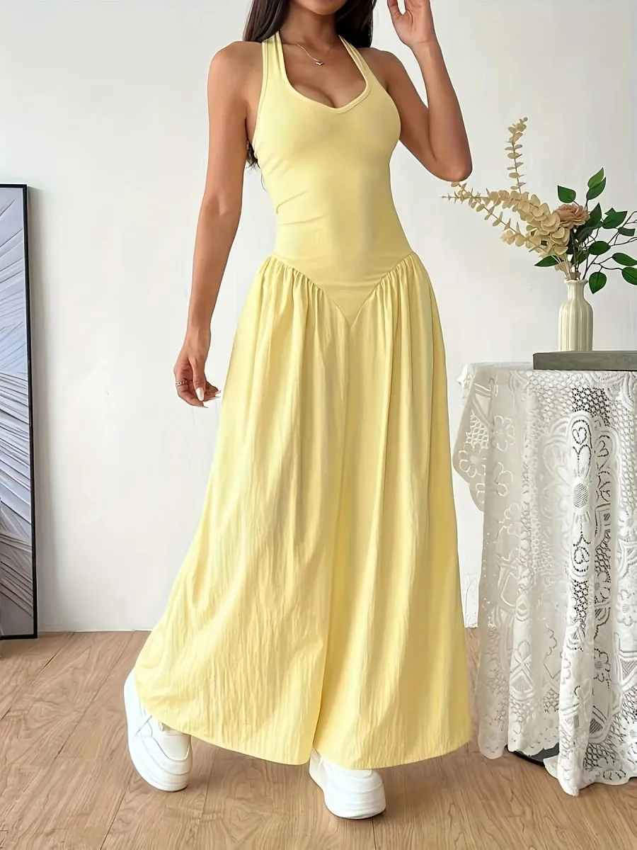 2026Women Yellow Halter Neck Maxi Dress Sleeveless V-Neck Backless A-Line Long Dress Casual Summer Elegant Beach Party Dresses