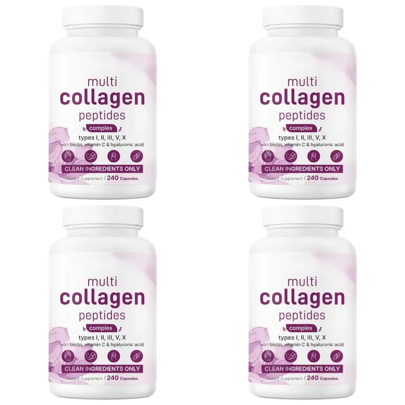 Multi Collagen Peptides Capsules with Biotin Vitamin C and Hyaluronic Acid Contains Eggs and Fish 240 Capsules