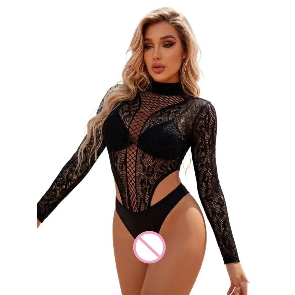 Women Sexy Lingerie Teddy Snake Pattern Long Sleeves Costumes Fish Net Perspective Jumpsuit Bodysuit Cosplay Outfits