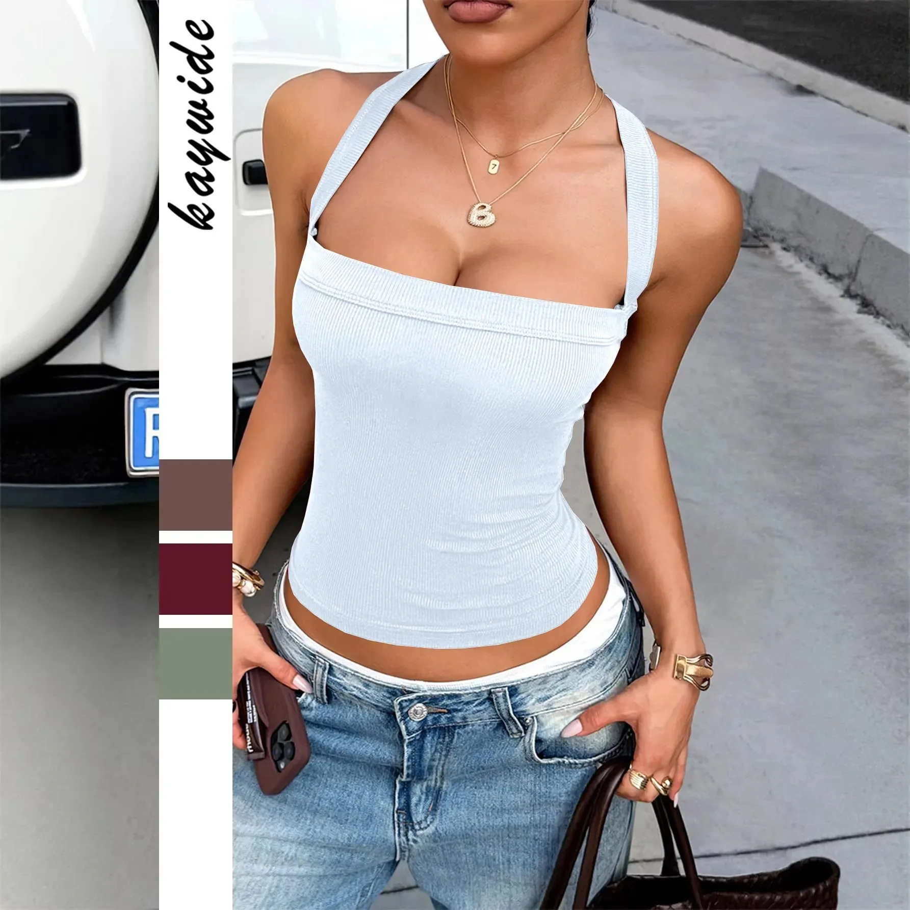 Women Ribbed Knit Camis Top Square Neck Wide Strap Cross Shoulder Strap Slim Fit Crop Tank Top Y2K Streetwear Sporty Daily Vest