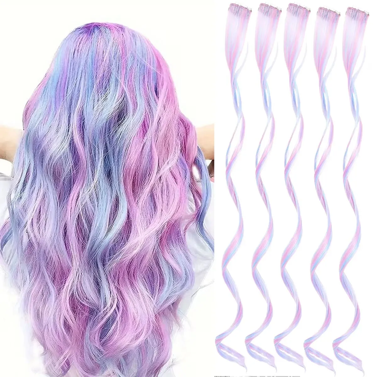 Syntetisk 5 stk Clip In Hair Extensions Farverig Ombre Curly Wig Rainbow Highlight Hair Clip On Hairpieces Til Kvinder Piger