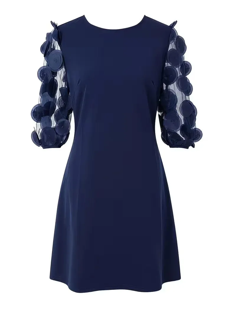 Women Elegant Round Neck Half Sleeve Cocktail Party Tunic Solid Color Loose skater Mini Dress