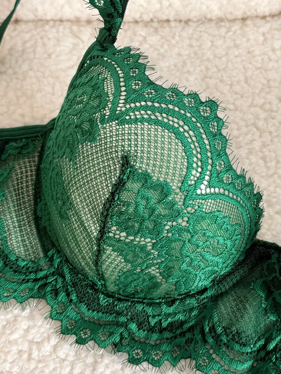 Sexy Vintage Green Eyelash Lace Lingerie Set Ladies Sheer Mesh Underwire Bra Thong Nightwear 2‑Piece S‑XL