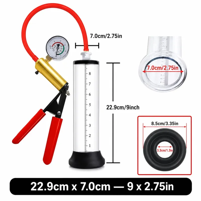 Manual Acrylic Penis Pump for Men with Pressure Gauge Clear Cylinders Vacuum Enlargement Masturbation Trainer Adult Sex Toy Set