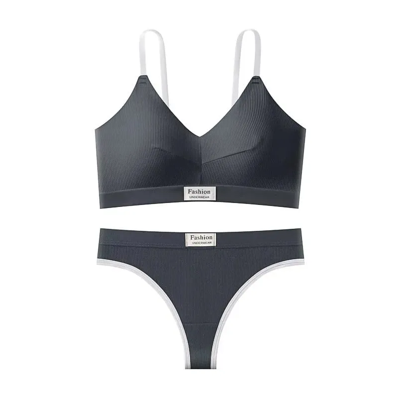 Women's Contrast Color Bra and Panty Set Deep V Strap Back Lingerie 2026