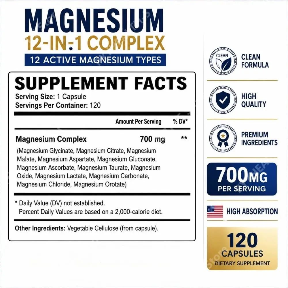 Magnesium 12-in-1 Complex Capsules 700mg Vegan Non-GMO Gluten-Free Supports Daily Nutrition & Relaxation 120 Count