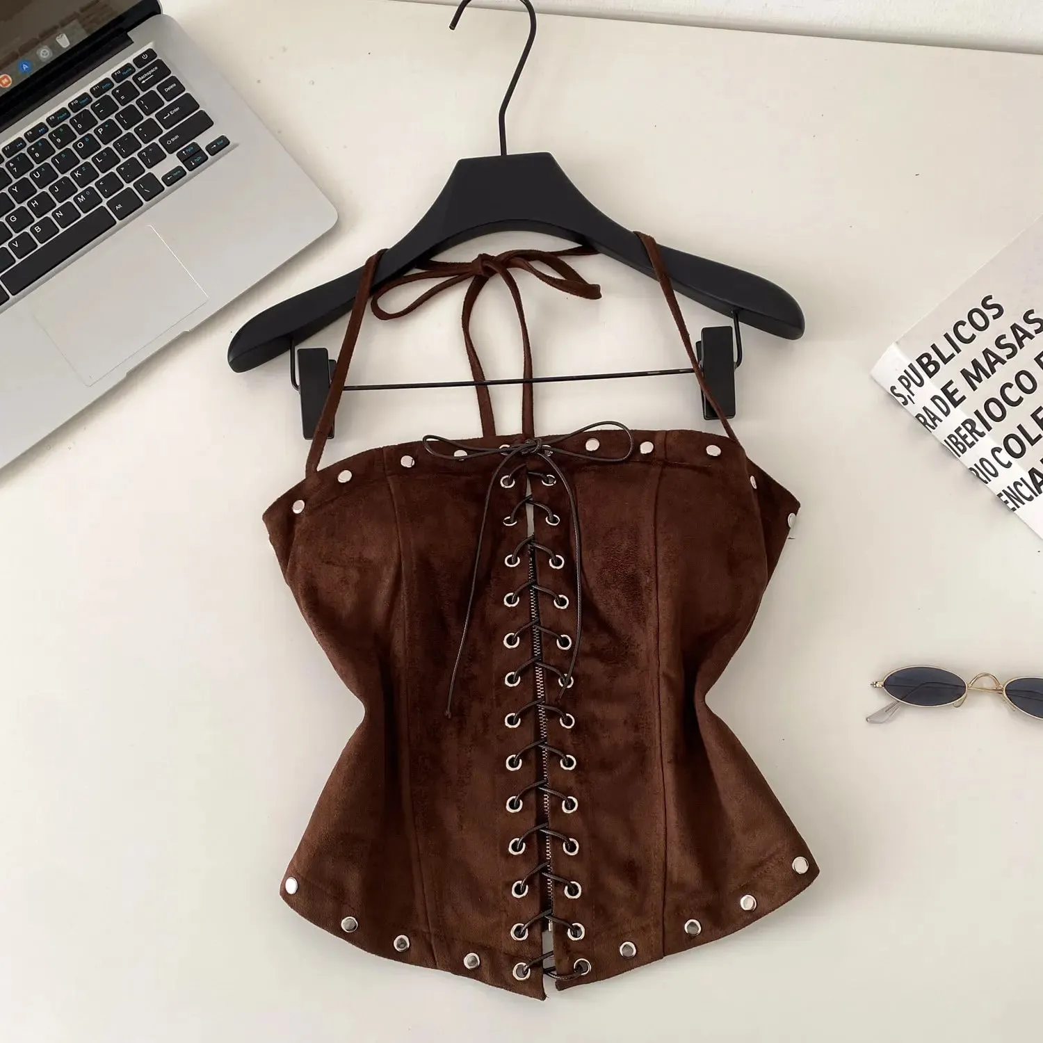 Sexy Bandage Halter Solid Tanks Top Vintage Corset Bustier Korean Autumn Camis Women Party Spice Girl Crop Top