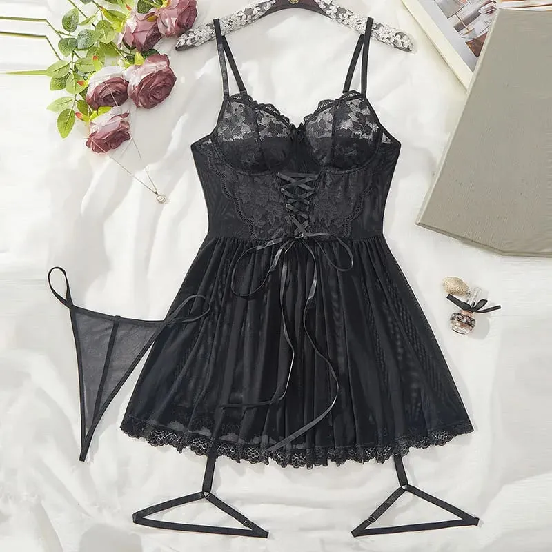 Sexy Bra And Garter Belt Lingerie Hot Red Babydoll Dress Erotic Women Exquisite 3-Piece Sets Thong Nightgown Set With Leg Rings