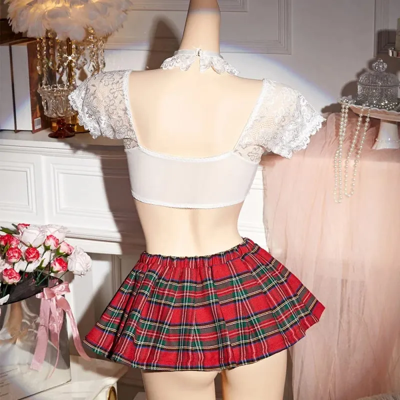4 Pieces Westerns Sexy Laces Plaid Mini Skirt Bow Tie Role Play For Women Female Ladies Charming Alluring Attractive Erotic Ling
