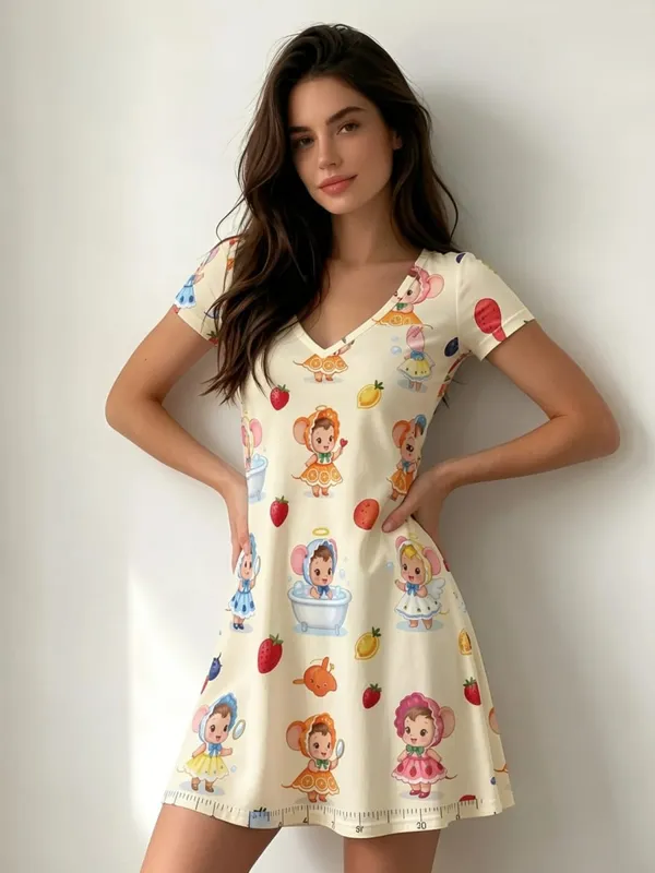 Vestido feminino com decote em V, manga curta, estampa floral, corte descontraído, minivestido de verão para estilo diário, viagens, feriados e eventos