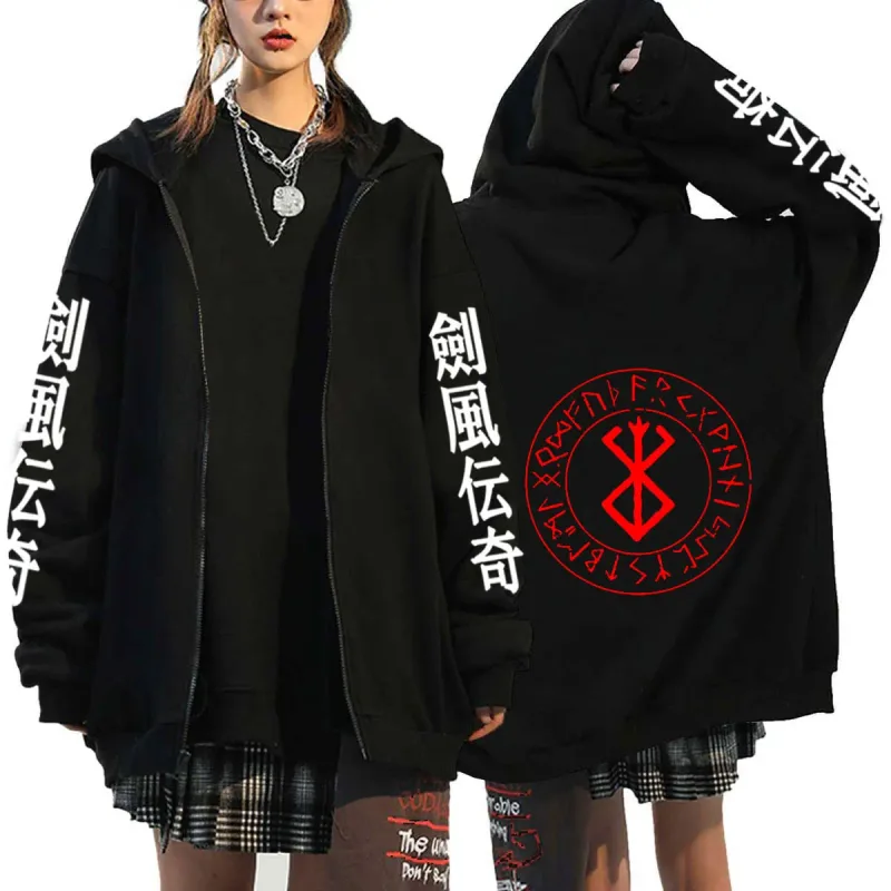 Berserk Zipper Hoodies Lalaki Babae Long Sleeve Sweatshirt Fleece Oversized Jackets Coats Nakakatuwang Berserk Japanese Anime Streetwear