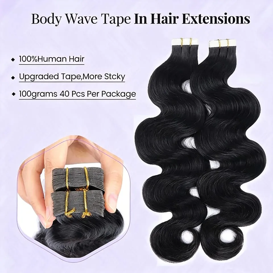 Tape in Hair Extensions Human Hair Body Wave Natural Black Reusable Double-Side Seamless Extension Human Hair 50G 20 PCS/pack