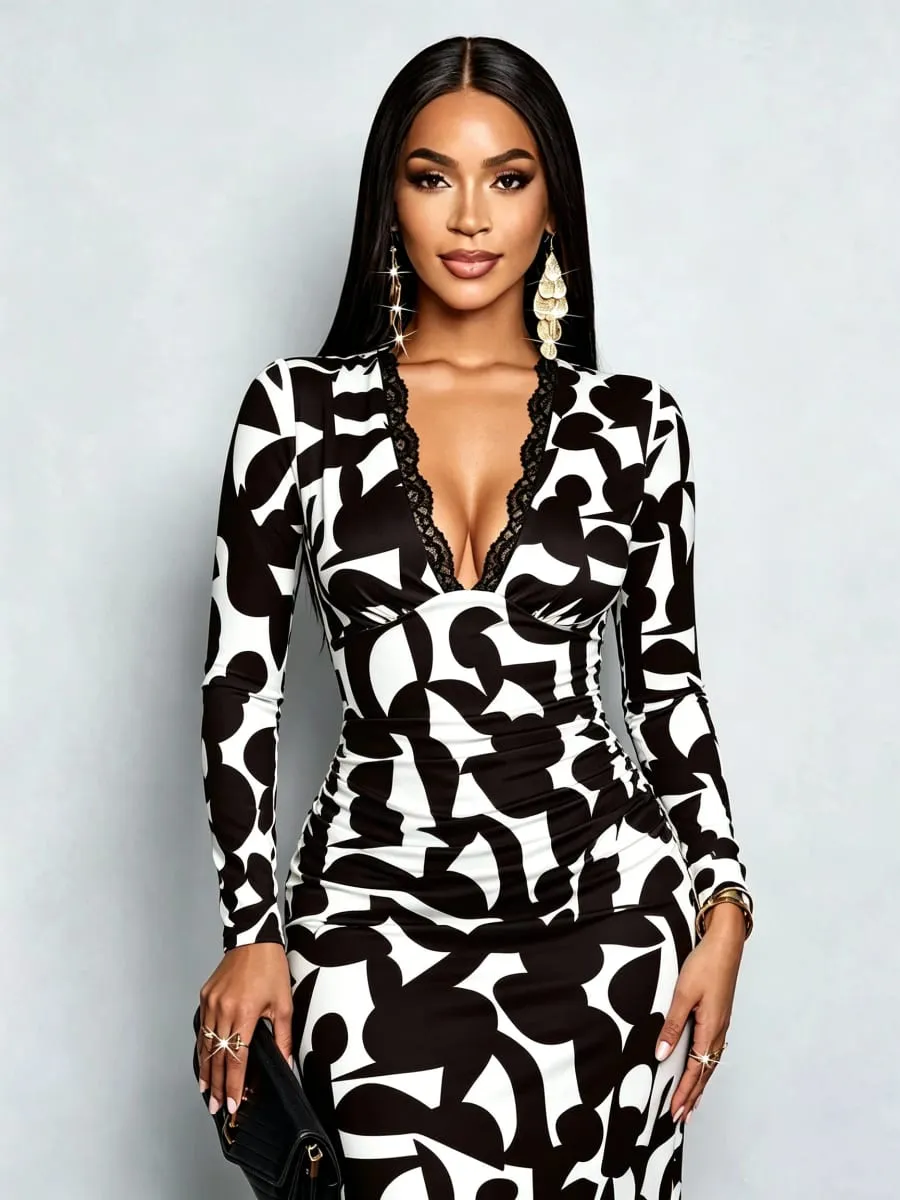 Women's Autumn Casual V-Neck Dress Sexy Lace Edge Geometric Print Long Sleeve Waist Cinched Mid-Length Skirt Dress
