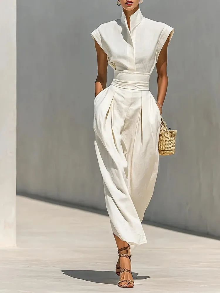 Summer New High Waist Pocket Dress Elegant Lady Slim Pleated Midi Dresses Fashion Solid Stand Collar Sleeveless Commuting Dress