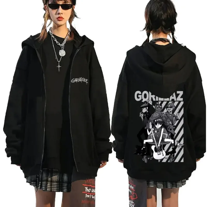 Rock Band Gorillaz Demon Days Eyes Graphic Zipper Hoodie Men Hip Hop Fashion Oversized Zip Up Jacket Unisex Zip Up Sweatshirt