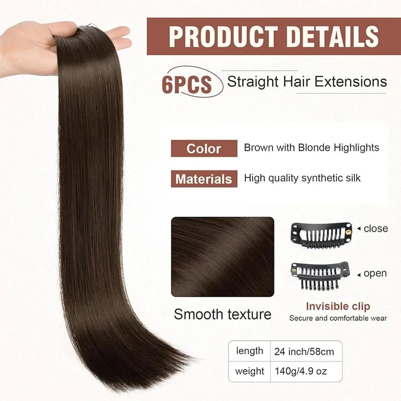 6PC Long Clip in Hair Extensions Brown Synthetic Straight Clip-in Hairpieces 24 inch Straight Hair Piece Extensions for Women