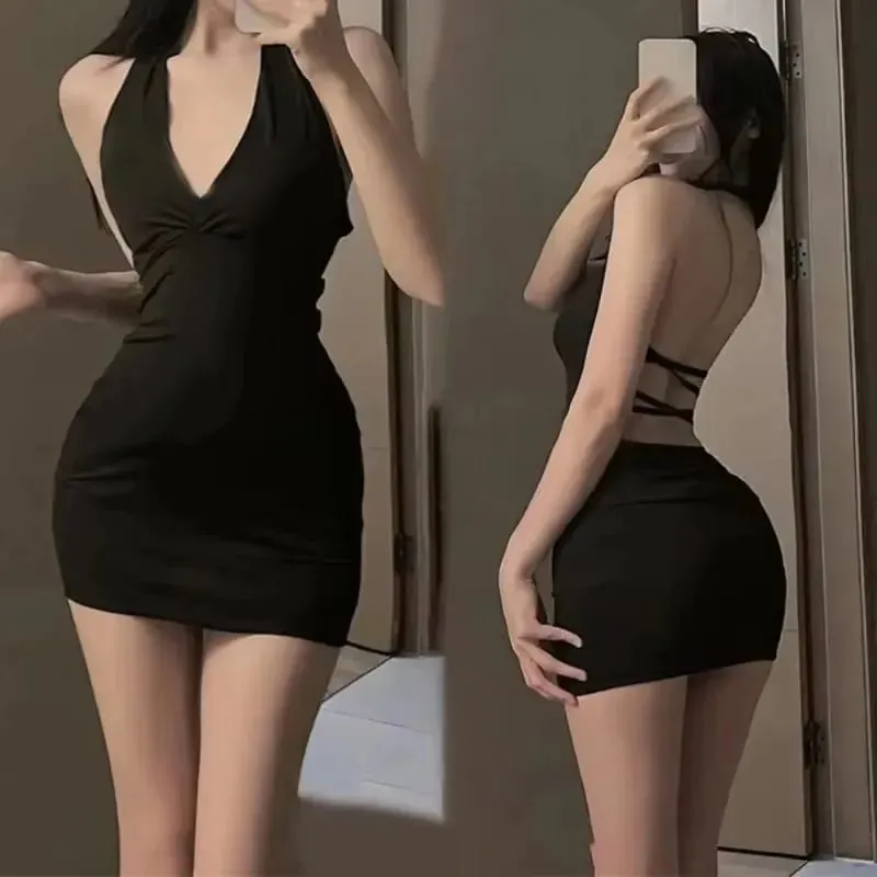 Đầm Mini Nữ Dây Hở Lưng Ôm Cổ Chữ V Quấn Màu Đen Dự Tiệc Đêm Mini