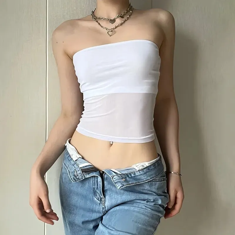 Mesh Corset Black Crop Top Women Patchwork Tube Top Sexy Sleeveless Off Shoulder Cami Summer Streetwear Slim Strapless Tank Tops