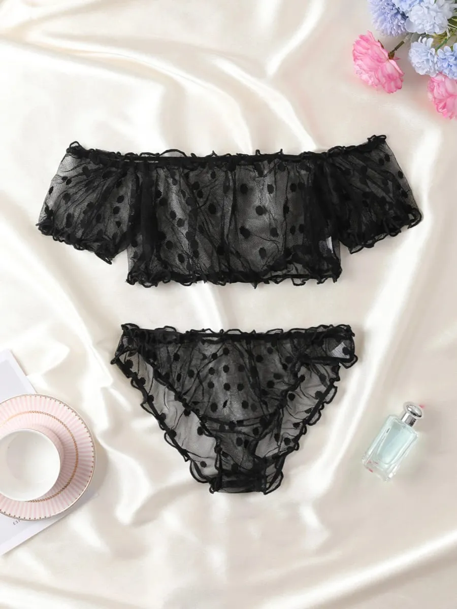 Women 2-Piece Lingerie Dot Embroidery Mesh Fancy Outfit Romantic Underwear Set Bra And Panty Sets — image 2