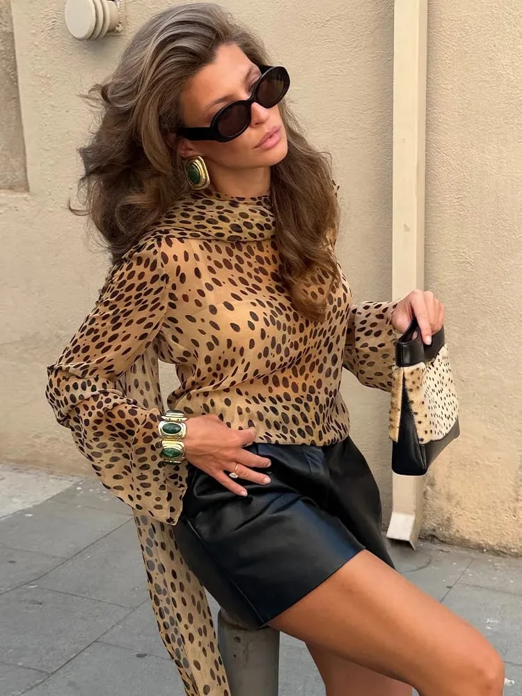 Sexy Leopard Printed Women Dress Long Sleeve See Through Hanging Neck Ribbon Lady Dresses 2026 Summer Autumn Chic Female Robe