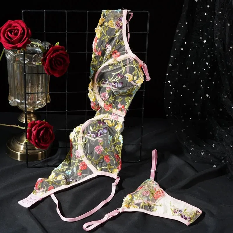 Women's New Sexy Embroidered Floral Lingerie Set Single-Layer Underwire Bra Thong Pants Hollow Transparent Out Lingerie Set