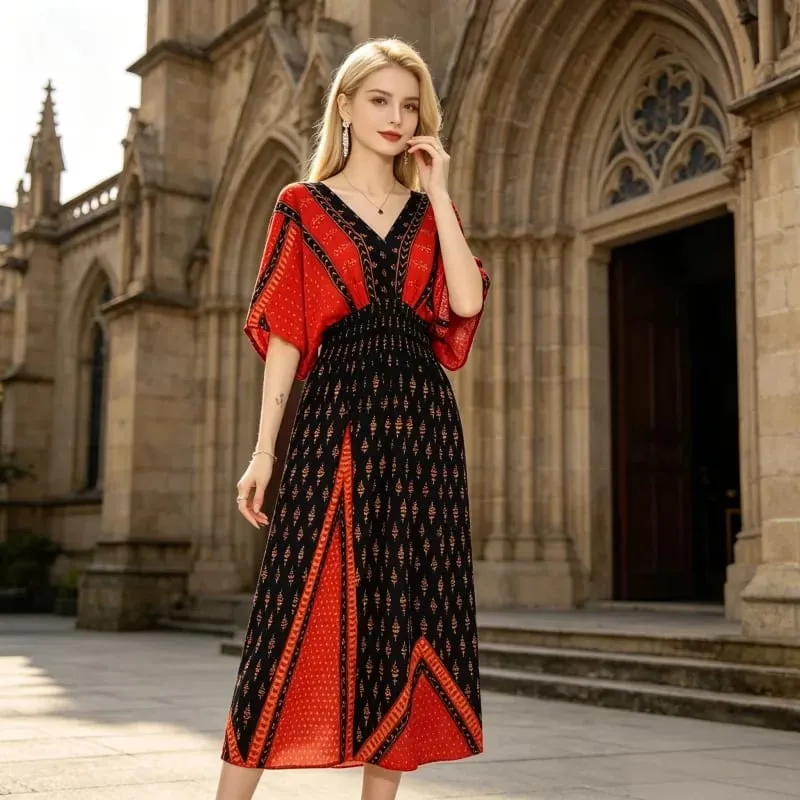 Boho Holiday Women V-Neck Batswing Short Sleeve A-Line Midi Dresses Slim Elastic Waist Casual Vintage Office Lady Elegance Dress