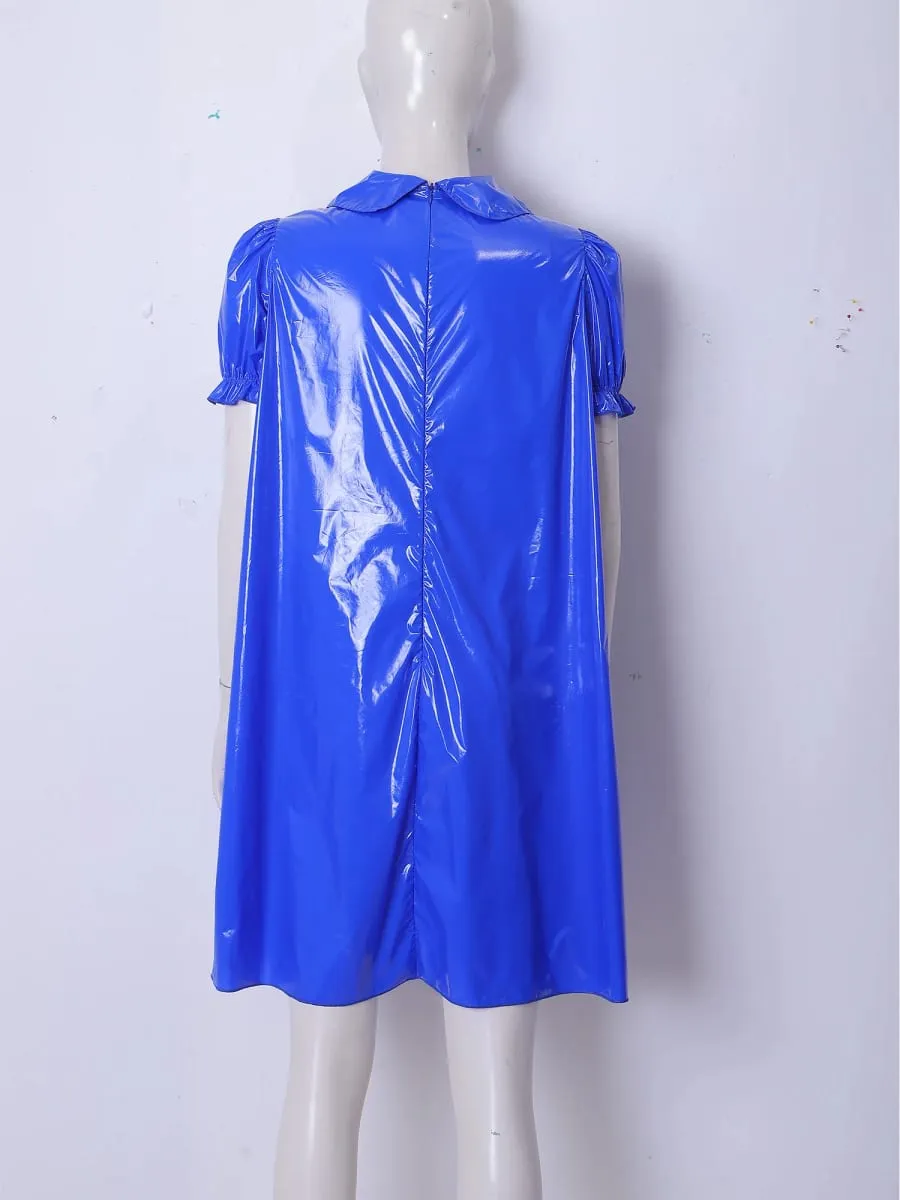 Women Waterproof Vinyl Regency Dress Victorian Party Sleep Dress Puff Short Sleeve Empire Waist Lapel Dress Nightgown Rave Party