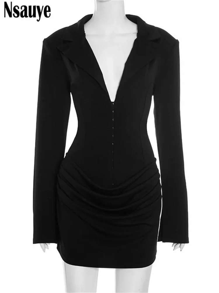 Nsauye Elegant Evening Short Dress Women Fall Long Sleeve Sexy Fashion Night Club Party White Mini Wrap Corset Dress 2025 Winter