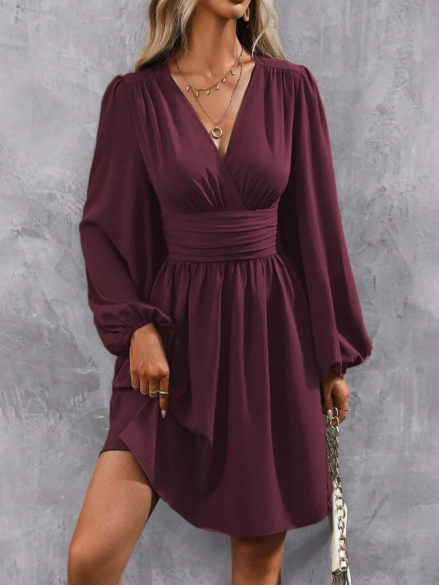Dresses 2025 Woman Clothing V Neck Lantern Sleeve Wrap Mini Dress Ruched Waist Flowy Hem Elegant for Autumn and Party Styles