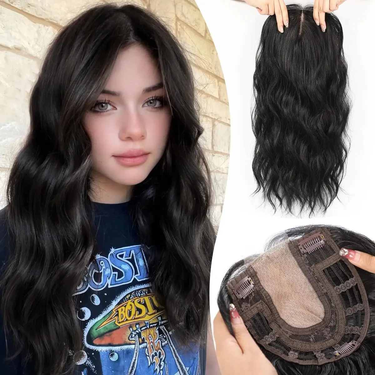 20in Wavy Hair Toppers Long Brown Mixed Blonde Premium Synthetic Hairpieces with 6*6 Large Base Lace Clip In Hair for Women