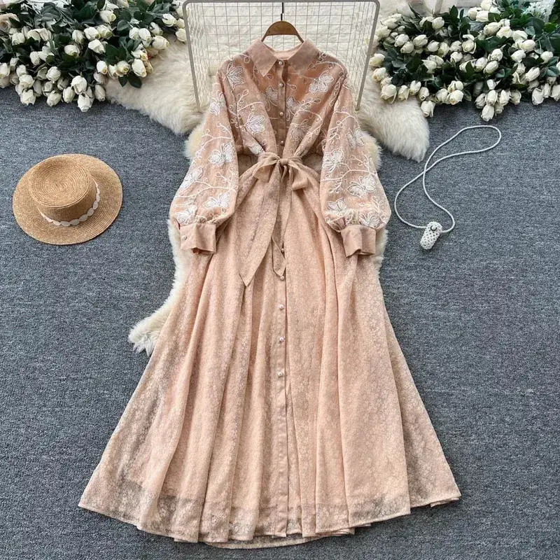 French Vintage Lace Embroidered Lapel Lantern Sleeve Dress Women Korean Slim Fit Waist Mesh Slim Long Dress — image 11