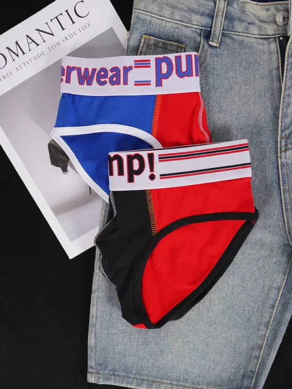 Celana Dalam Katun Warna Blok Pria, Pump! Logo Celana Dalam Kantong Cembung 3D Seksi Bertingkat Rendah Ikat Pinggang Lebar 3256813080433415