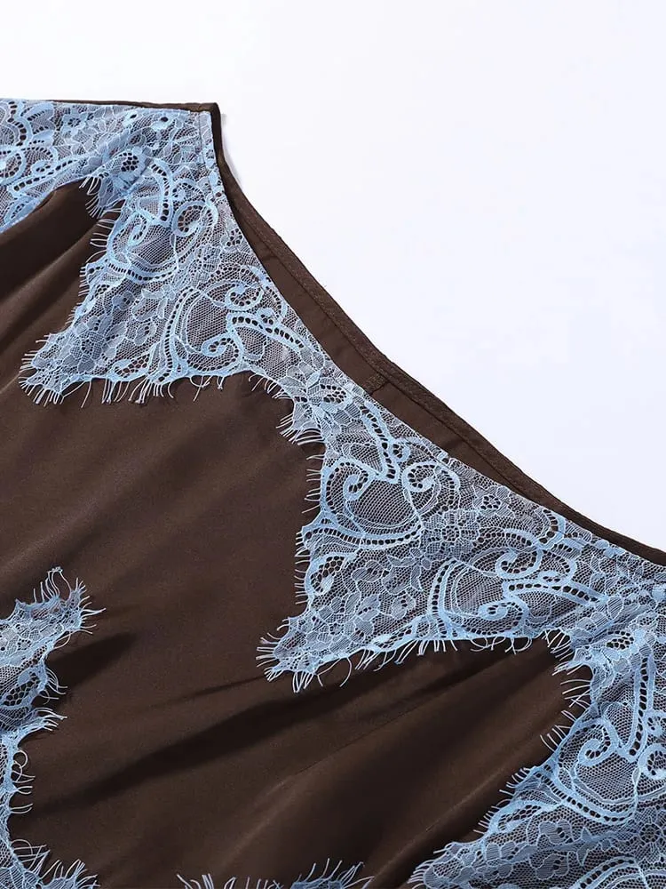Elegant Lace Patchwork Long Women's Dress Urban Skew-collar Short Sleeve Empire Female Dresses 2026 Summer Vacation Lady Robe