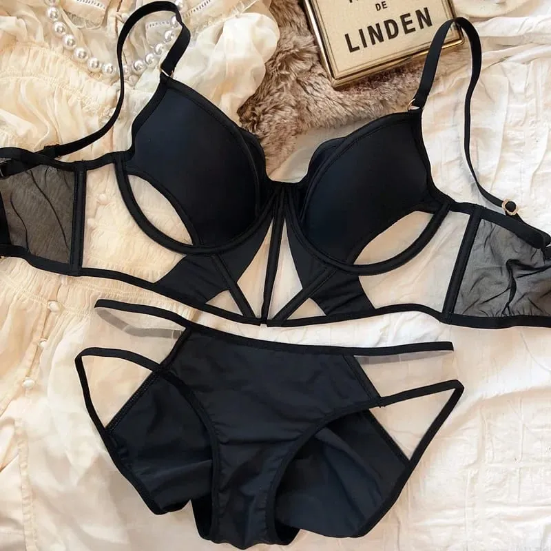 Francês fino copo feminino conjunto de lingerie sexy oco renda conjunto sutiã verão malha conforto respirável roupa interior osso peixe topos íntimos