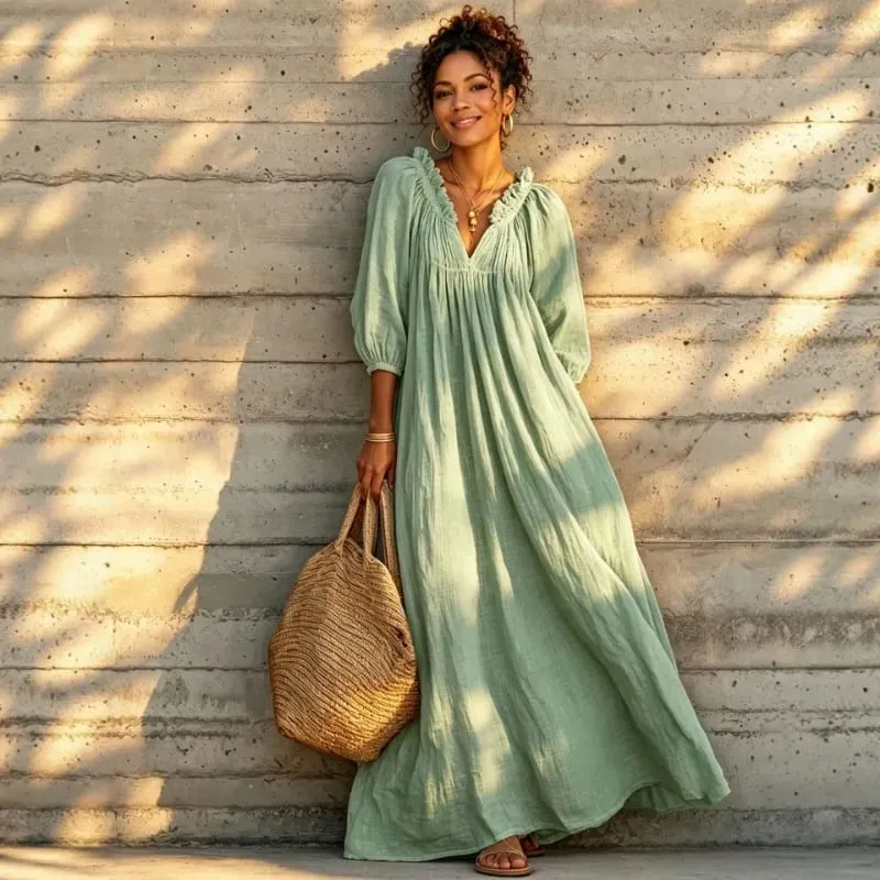 Women Boho Dresses V Neck Lantern Sleeve Maxi Dress Vacation Loose Beach Cover Up Dress Spring Summer Overall Jumpsuit Playsuit