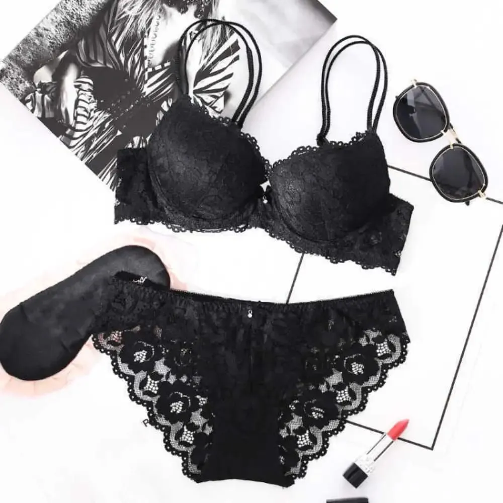 Comfortable Mesh Lace Flower Bra Low Waist Bowknot Bra Panties Set Non Slip Lingerie Push Up Bra Women Summer
