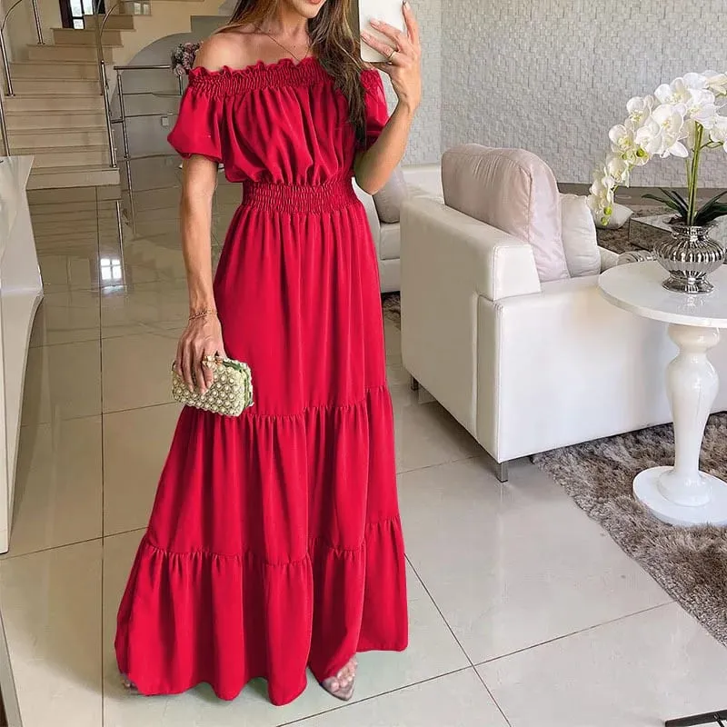 2025 Estate Solid Boho Dress Donna Moda Elegante Beach Party Dress Casual Slash Neck Ufficio Maxi Abiti per la donna Robe Femme