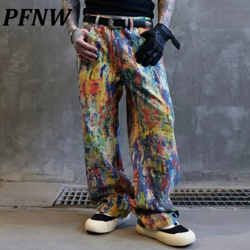 High Street Fashion Painted Graffiti Jeans Men's Mid Waist Casual Straight Leg Pants 2026 Summer New 28L2331